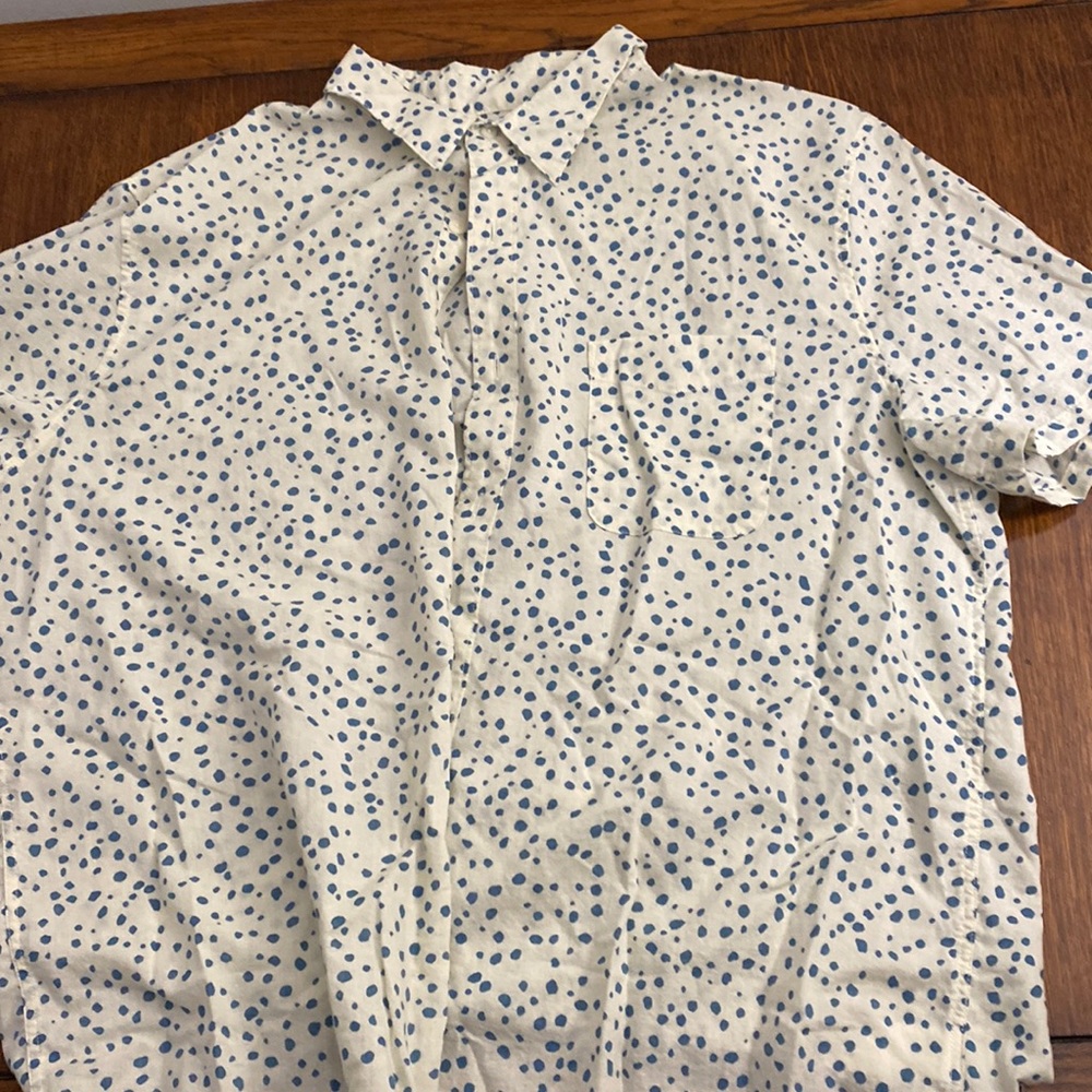 Lucky Brand - Cream / Blue Print - Button Down, Short Sleeve Shirt - Men's XL